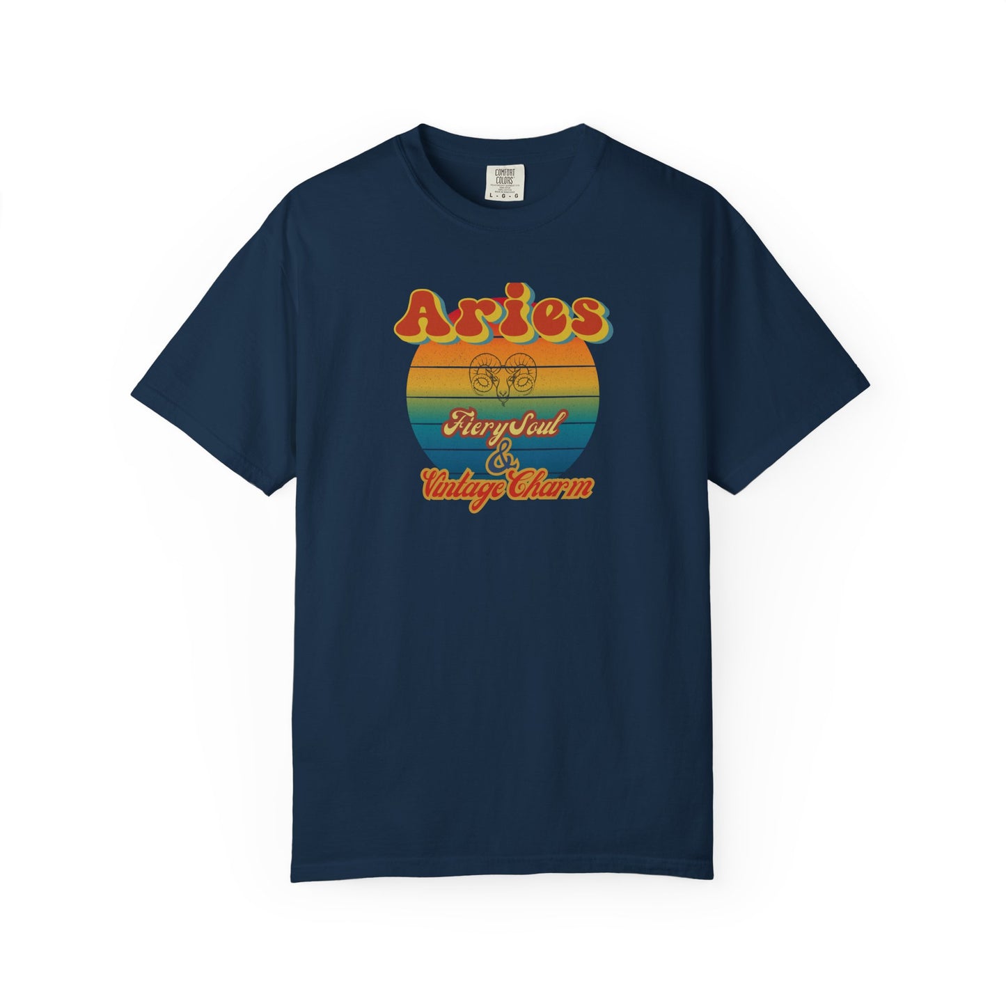Aries Zodiac Retro T-Shirt – “Fiery Soul & Vintage Charm” Astrology Tee True Navy