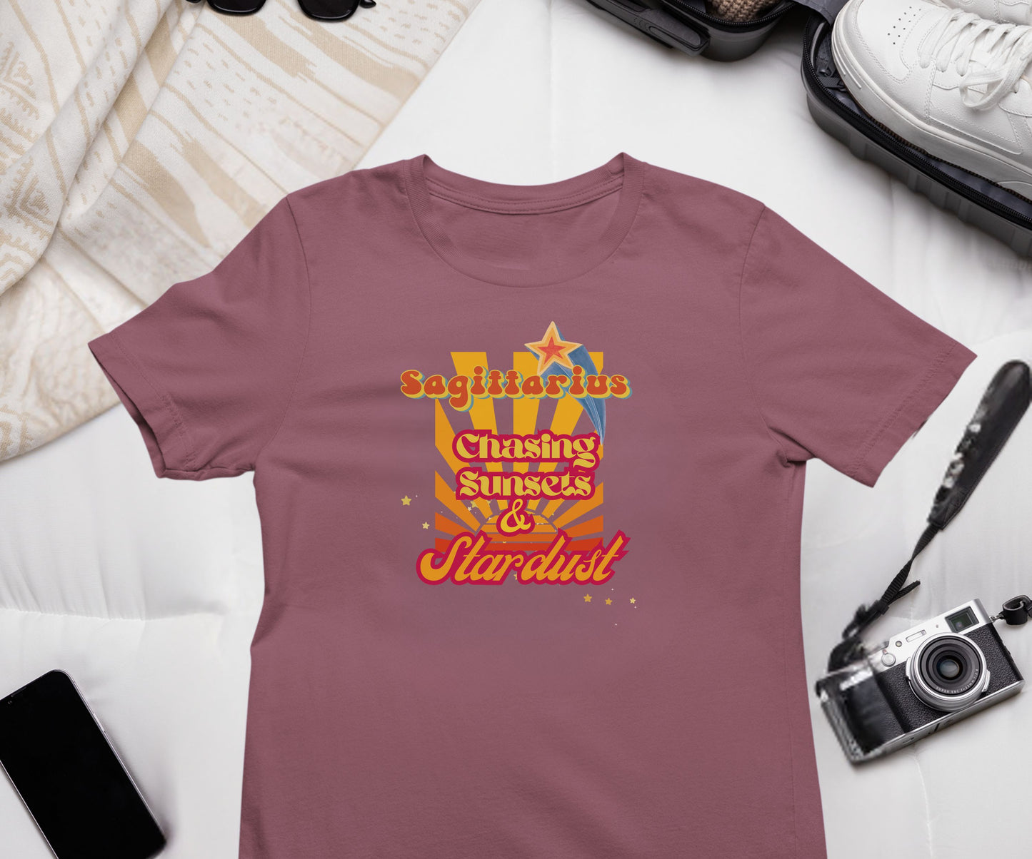 Sagittarius Zodiac Retro T-Shirt – Chasing Sunsets & Stardust