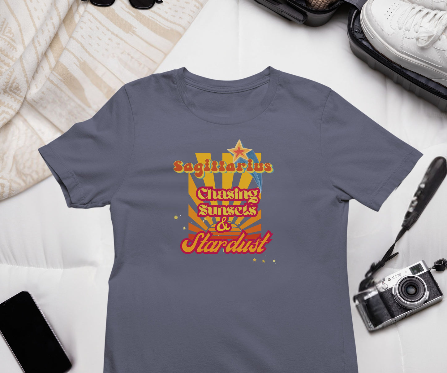 Sagittarius Zodiac Retro T-Shirt – Chasing Sunsets & Stardust