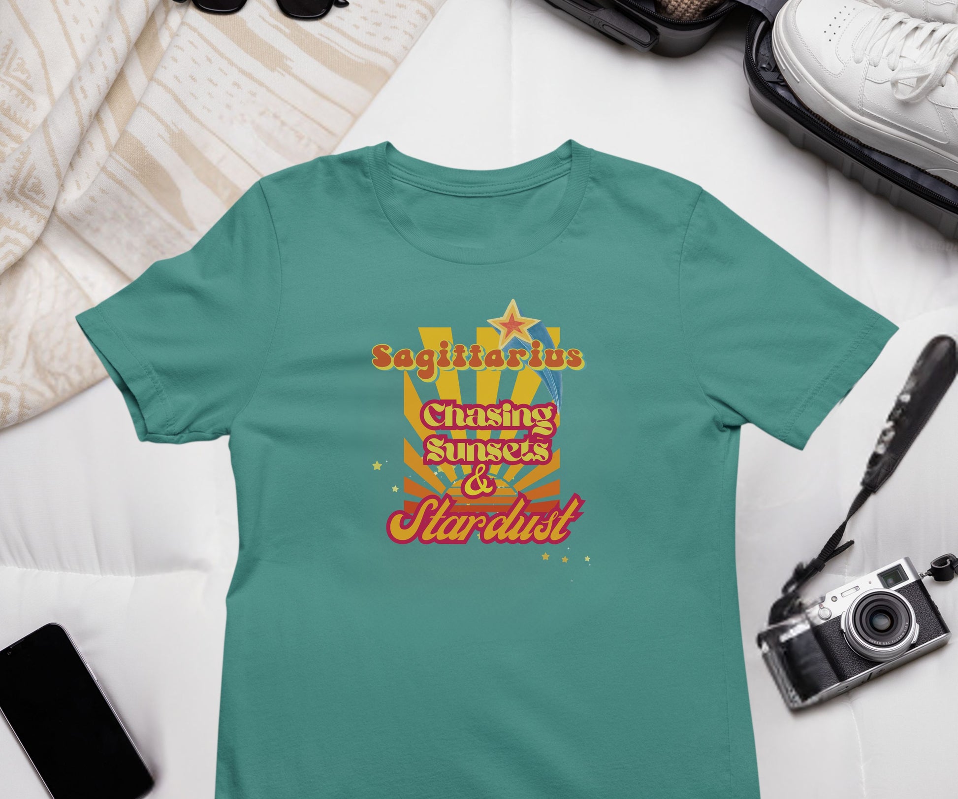 Sagittarius Zodiac Retro T-Shirt – Chasing Sunsets & Stardust