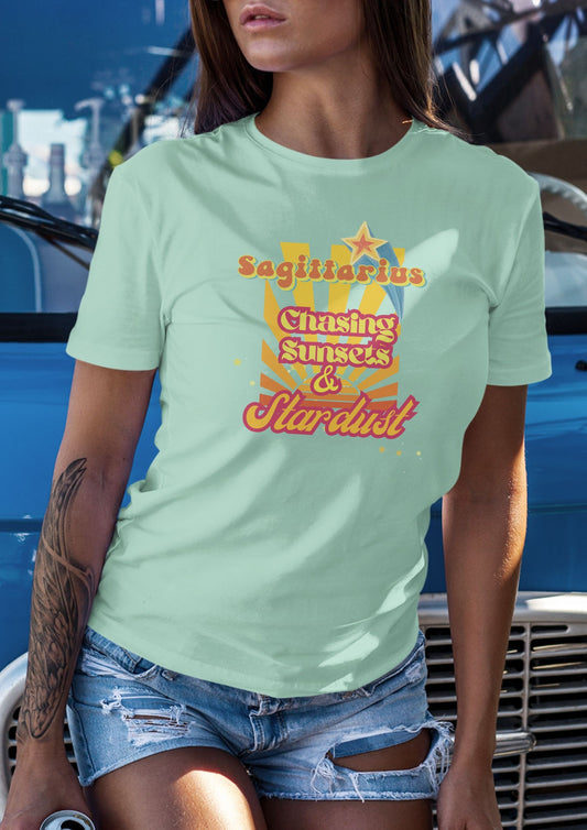Sagittarius Zodiac Retro T-Shirt – Chasing Sunsets & Stardust